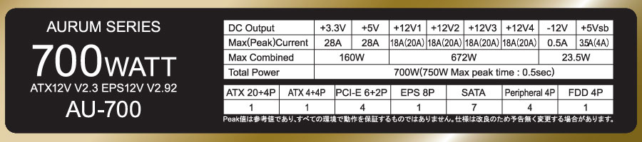 Owltech（オウルテック）のAURUM SERIES、AU-700の外箱に書かれているスペック