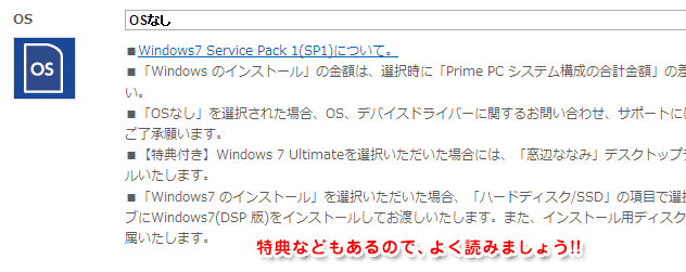 ドスパラ公式サイトより OSのカスタマイズ