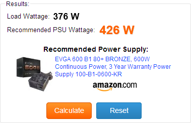 合計電力（Load Wattage）のW数と推奨する電力（Recommended PSU Wattage）のW数