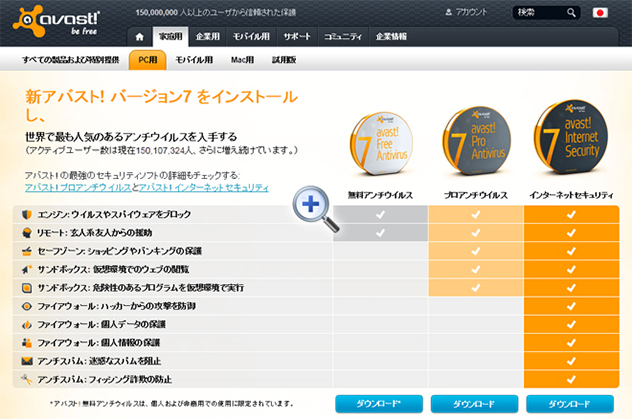 avast!のフリーウェアとシェアウェアの選択画面