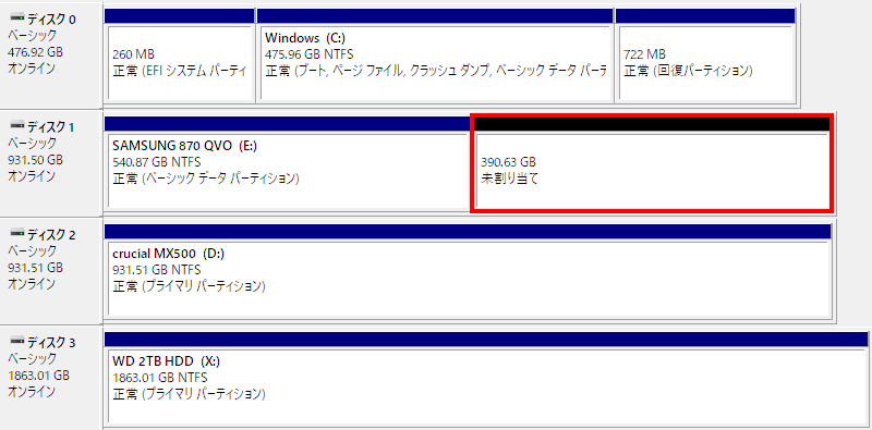 ボリュームが未割り当ての状態