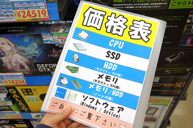 CPU、SSD、HDD、メモリ、ソフトの価格表のファイル