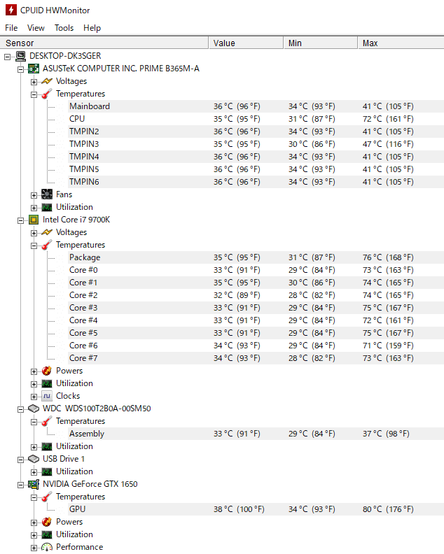 CPUID HWMonitor で raytrek MX の各パーツの温度をチェック