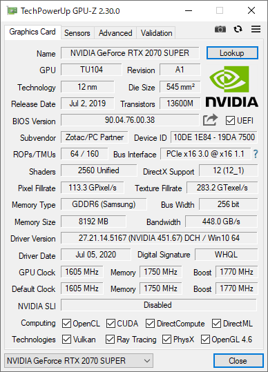 GPU-Z（ZOTAC GeForce RTX 2070 SUPER）