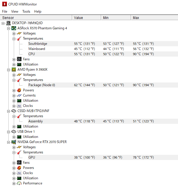 CPUID HWMonitor で GALLERIA ZA9R-R70S の各パーツの温度をチェック