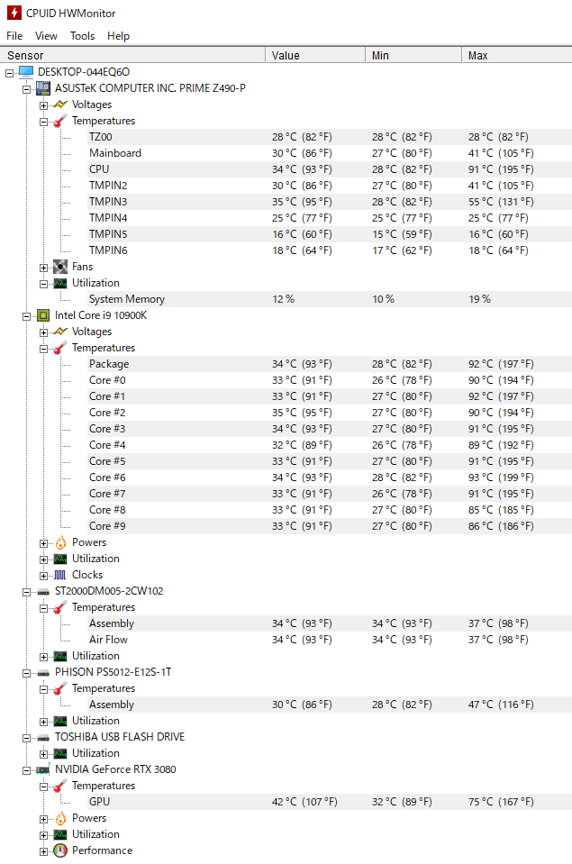 CPUID HWMonitor で GALLERIA UA9C-R38 の各パーツの温度をチェック