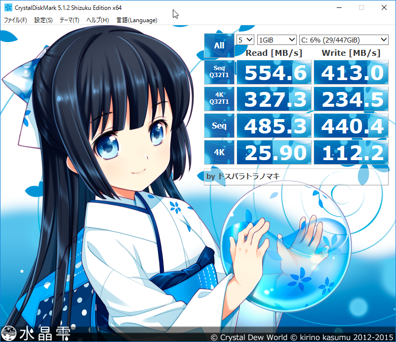 システム用 SSD（480GB／Crucial SSD）の読み込み・書き込み速度の測定結果