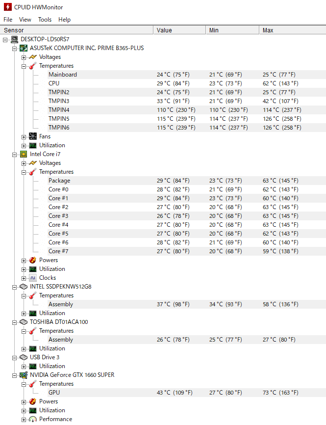 CPUID HWMonitor で GALLERIA XT の各パーツの温度をチェック