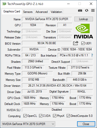 Palit GeForce RTX 2070 SUPER の GPU-Z で表示 