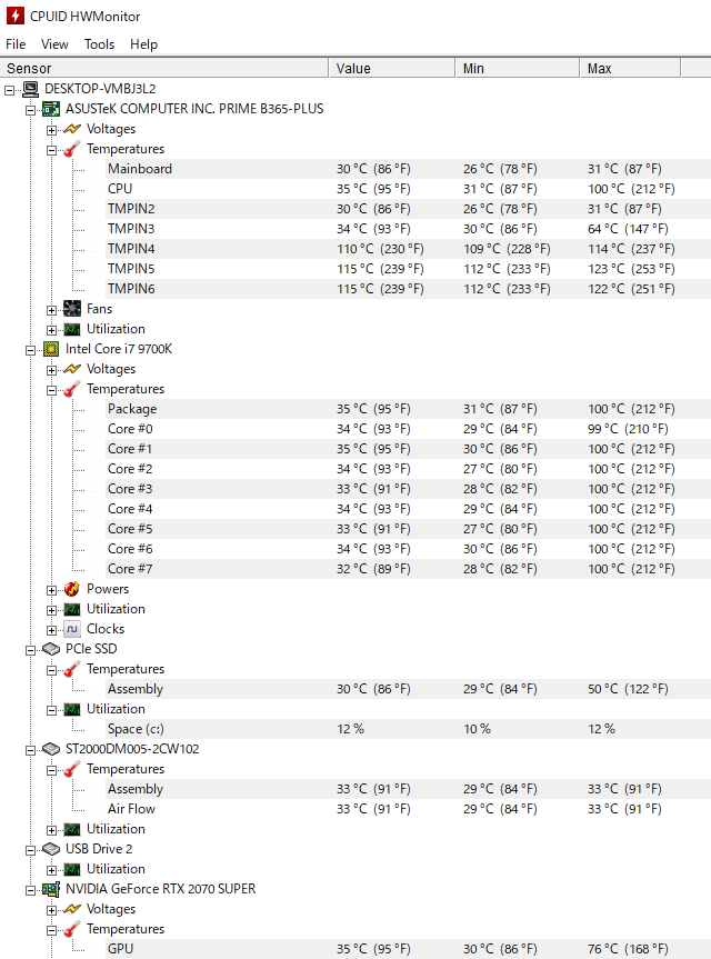 CPUID HWMonitor で GALLERIA ZV の各パーツの温度をチェック