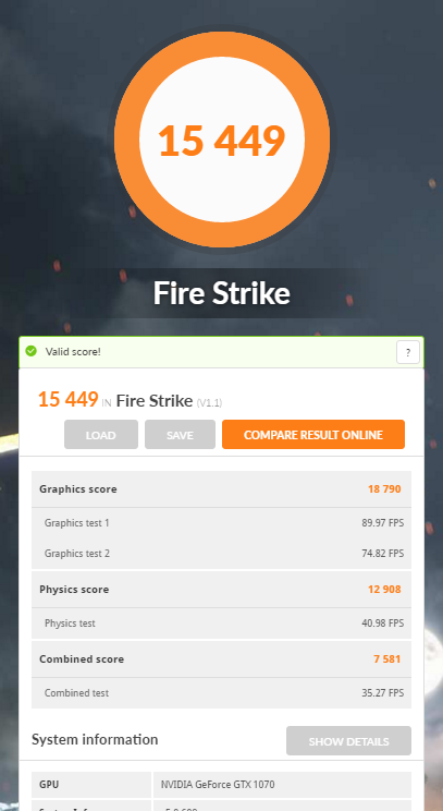 GALLERIA GAMEMASTER GX（GeForce GTX 1070 8GB OC 8G 搭載）の3DMARK（Fire Strike 1.1）の測定結果