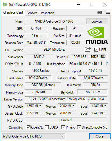 Palit GeForce GTX 1070 GameRock  by GPU-Z 1.10.0
