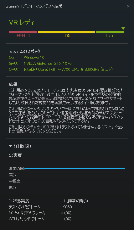SteamVR Performance Test でPalit GeFoce GTX 1070 OC 8GBのパフォーマンをスチェック「結果…レディ」