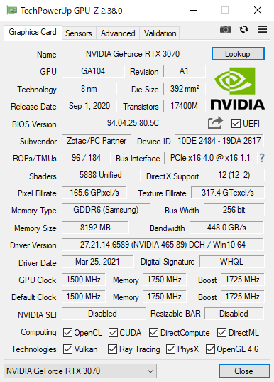 GPU-Z（Palit GeForce RTX 3090 GamingPro）