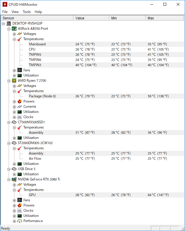 CPUID HWMonitor で GALLERIA AZ の各パーツの温度をチェック