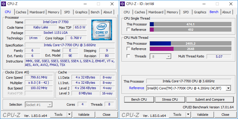 CPU-Z ベンチマーク結果「Intel Core i7 7700