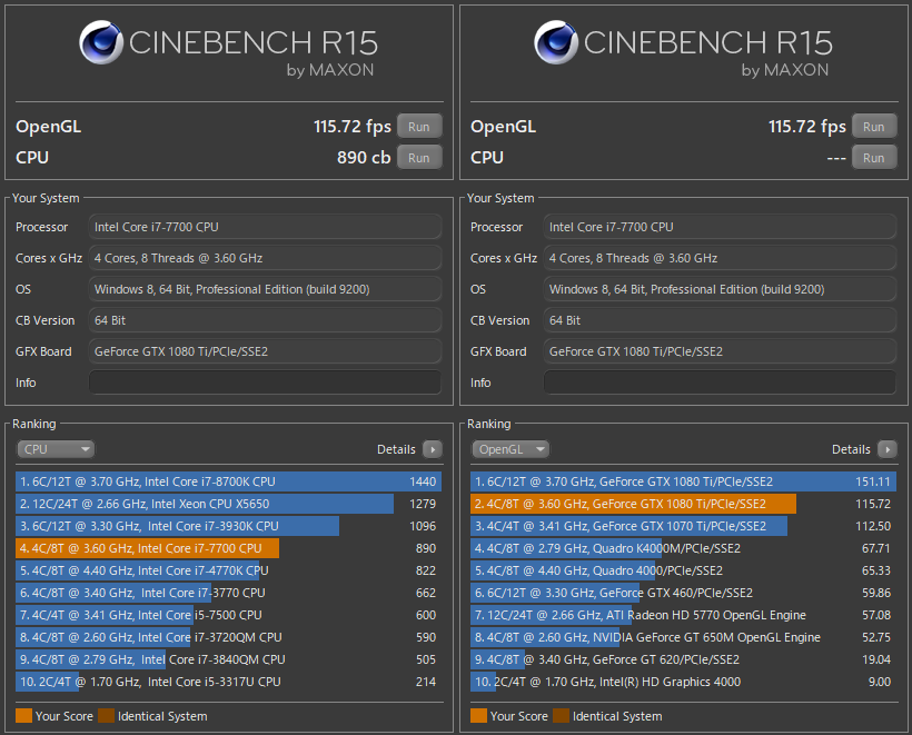 CINEBENCH R15 で Intel Core i7 7700・GeForce GTX 1080 Ti 11GB を測定
