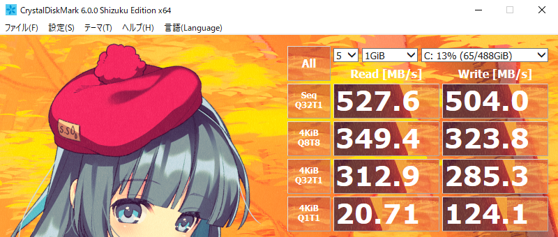 crucial CT525MX300SSD1 525.1 GBの読み書き速度をCrystalDiskMarkで