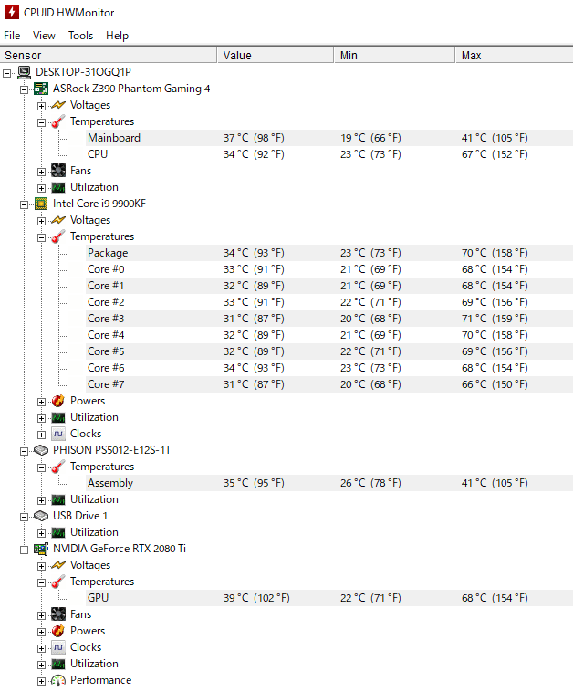 CPUID HWMonitor で GALLERIA ZV の各パーツの温度をチェック