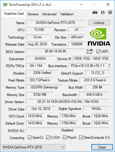 Palit GeForce RTX 2070 Dual の GPU-Z で表示 