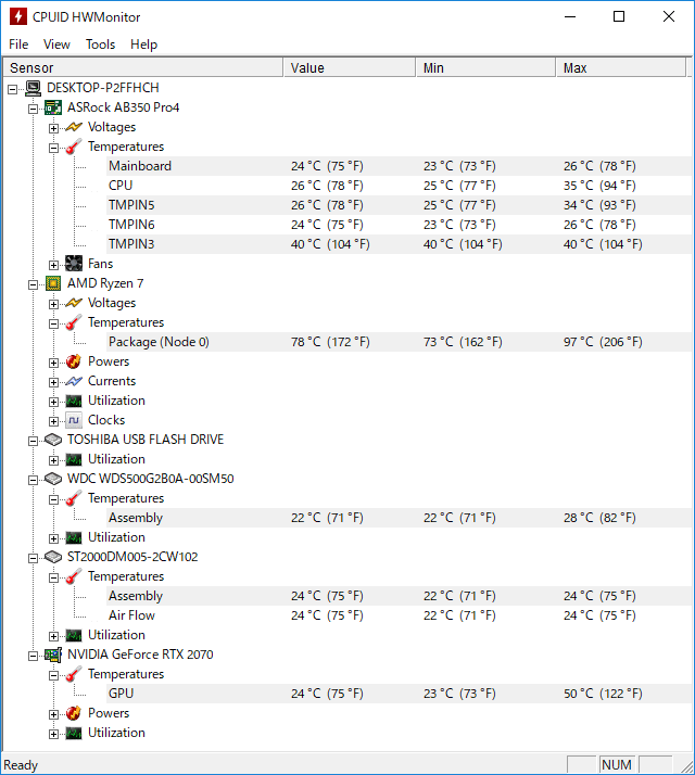 CPUID HWMonitor で GALLERIA AF の各パーツの温度をチェック
