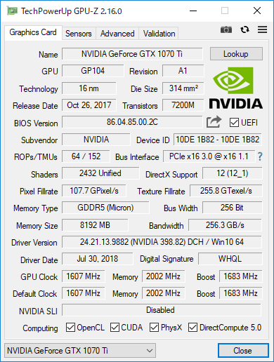 Palit GeForce GTX 1070 Ti Dual の GPU-Z で表示 