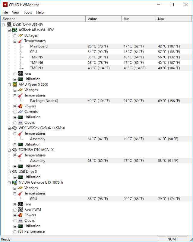 CPUID HWMonitor で GALLERIA RV5 の各パーツの温度をチェック