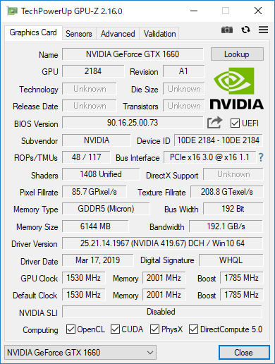 Palit GeForce GTX 1660 StormX の GPU-Z で表示 