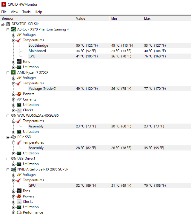 CPUID HWMonitor で GALLERIA ZV の各パーツの温度をチェック