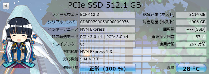  CrystalDiskInfo の Phison PCIe Gen3x4 NVMe SSD 512.1 GB の情報