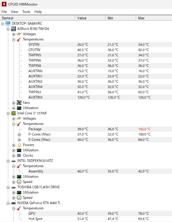 CPUID HWMonitor で GALLERIA XA7C-R46T の各パーツの温度をチェック