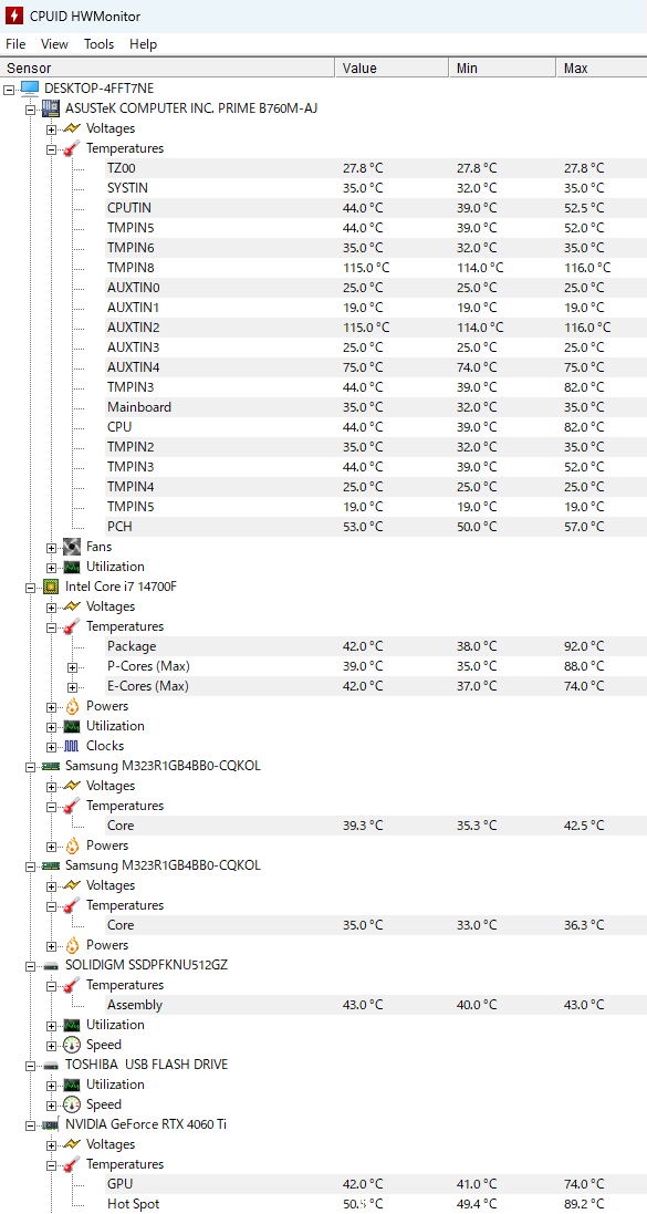 CPUID HWMonitor で GALLERIA RM7C-R46T の各パーツの温度をチェック