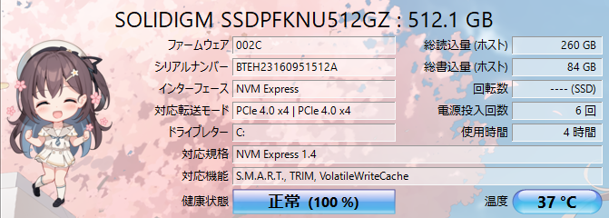 CrystalDiskInfo の SOLIDIGM SSDPFKNU512GZ の情報
