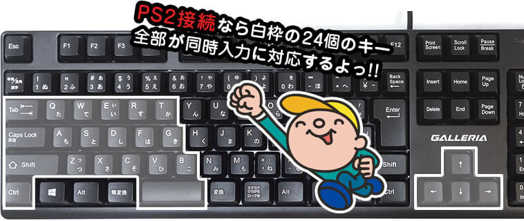 PS2接続なら白枠の24個のキー 全部が同時入力に対応するよっ!!