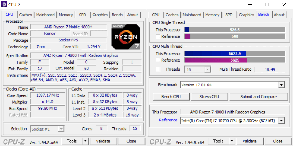 AMD Ryzen 7 4800H の CPU-Z ベンチマーク結果