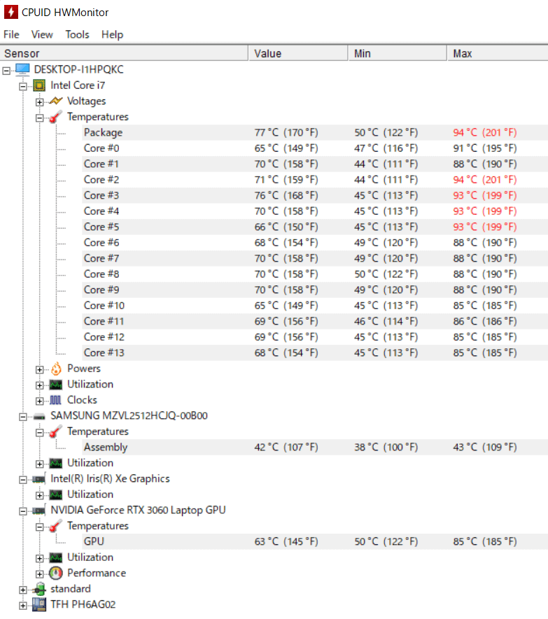 CPUID HWMonitor で GALLERIA XL7C-R36H の各パーツの温度をチェック