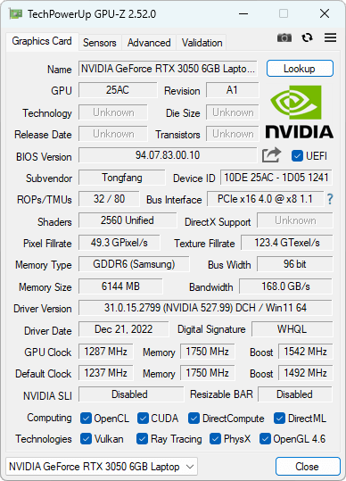 GPU-Z（GeForce RTX 3050 6GB）