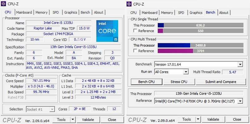 Core i5-1335U の CPU-Z ベンチマーク結果