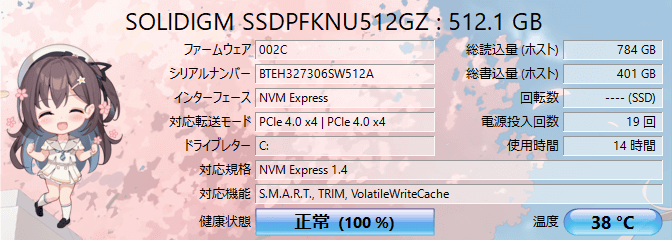Micron_3400_MTFDKB1T0TFH 1024.2GB の仕様・スペックを CrystalDiskInfo で測定