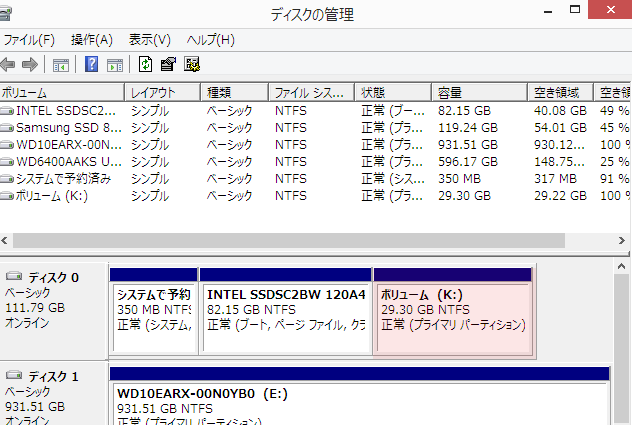 ディスクの管理でKが青くなる