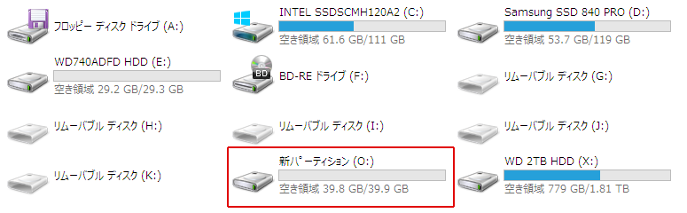 新パーティション（Oドライブ）が作成されている